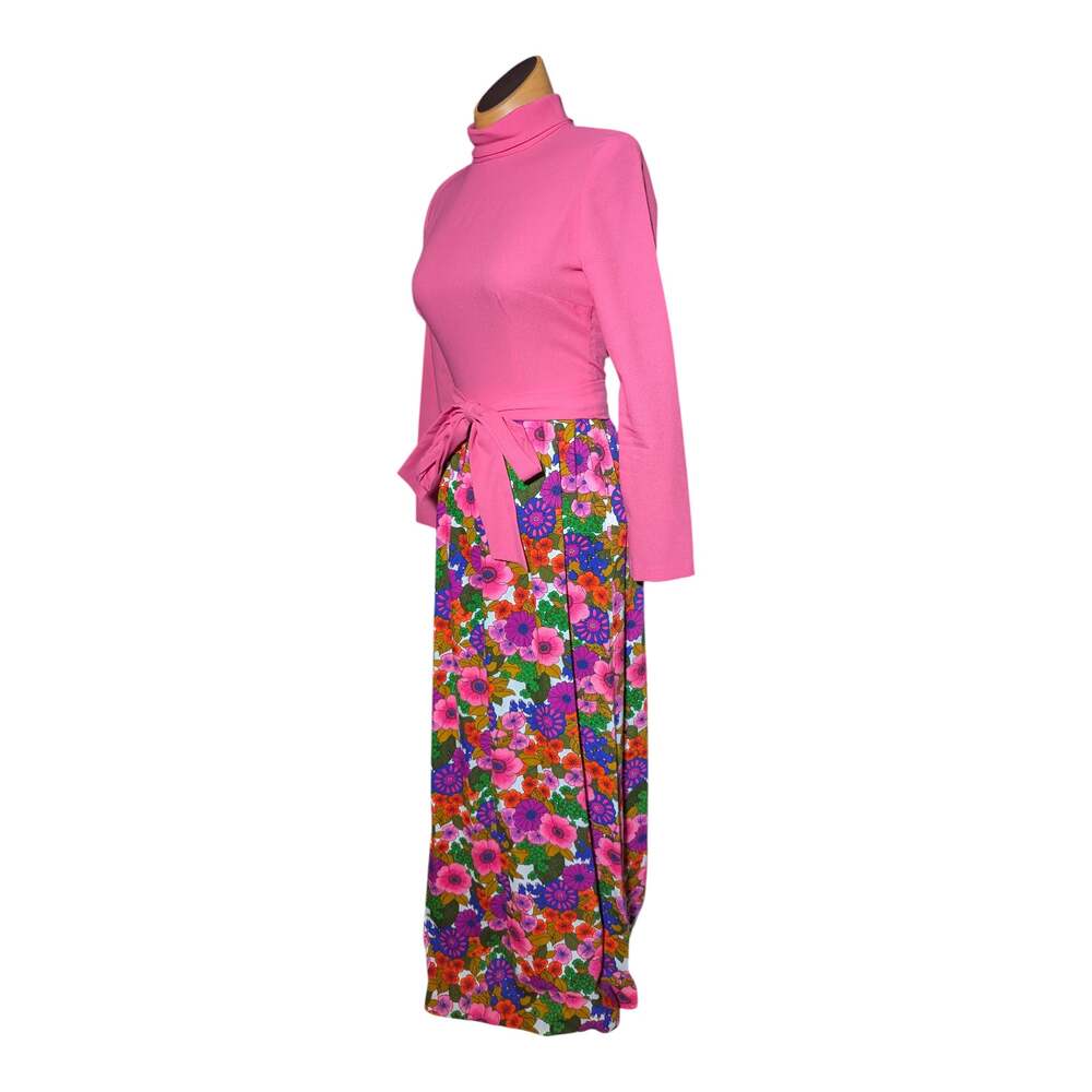 Vtg 1970s Hot Pink Mock Neck Barkcloth Neon Mod Floral Maxi Dress Sz 6